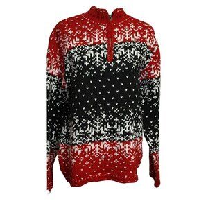 Tally Ho Knit Sweater Mens L Black Red White Quarter Zip Mock Neck Vintage 70s